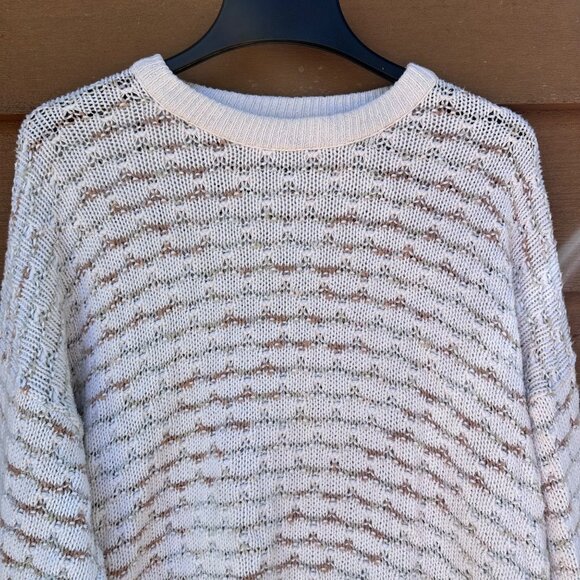 Vintage Oversized Knit Cream Sweater With Brown Pattern Long Sleeves Crewneck Li - Picture 2 of 6